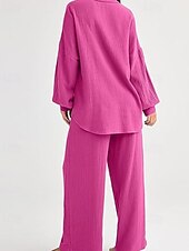 abordables Ensembles-Femmes Actif Mode Chemises en coton et lin Ensembles en coton et lin Chemisier manche longue Col de chemise Couleur Unie Dubbele Rij Knopen Fête Décontracté Quotidien Noir Ivoire Vin Été Coupe