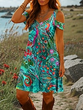 preiswerte Kunst &amp; Design Kleider-Damen Minikleid A Linie Kleid Sommerkleid Urlaub Lässig Täglich Ferien Normale Passform Grafik Abstrakt Kurzarm V Ausschnitt Rote Blau Grün Sommer