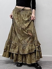 billiga Grafiska kjolar-Dam Kjol Volang kjol Mode Boho Maxi Mellanhög midja Kjolar Blommig Volang Mönster Microelastisk Semester Gata Brun Sommar Polyester