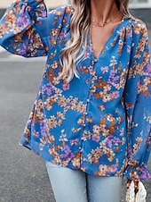 billige Boho topper-Dame Boho skjorte Bluse Blomsternål i krystall Moderne Bohem Langermet V-hals Vanlige topper Daglig Ut på byen Trykt mønster Svart Navyblå Blå Aprikos Sommer