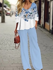 Naisten pusero 3/4 hihainen U-kaula-auko liukuvärinen kukkakuva ulkoiluloma rento musta vaaleanvihreä taivaansininen kesä löysä malli halpa Naisten puseropuvut-Naisten pusero 3/4 hihainen U-kaula-auko liukuvärinen kukkakuva ulkoiluloma rento musta vaaleanvihreä taivaansininen kesä löysä malli