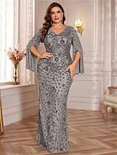 economico VERDE-Abiti Plus Size Sirena  Tromba Elegante Abito Curvilineo Formale Matrimonio Lunghezza Piena a Manica Lunga con Scollatura a V in Paillettes con Paillettes