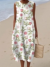 abordables Robes Rayés et Géométriques-Femmes Robe Midi Robe d&#039;Été Robe trapèze Vacances Occasionnel Boho Sortir Fleuri Graphique Sans manches Col Rond Blanche Bleu Vert Kaki Été Printemps