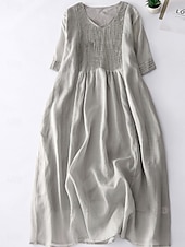 ieftine proiectează rochii din bumbac și in-Rochie midi din bumbac și in pentru femei, rochie tip A, rochie de vară, casual, croială regulată, simplă, mânecă scurtă, guler rotund, alb, albastru, violet, verde, vară