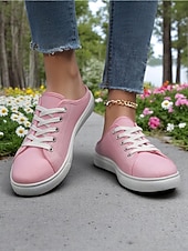 economico Sneakers da donna-Sneakers slip-on da donna in tela verde con lacci – comode scarpe da ginnastica senza schienale, ideali per passeggiate, shopping, corse a scuola e giornate estive informali