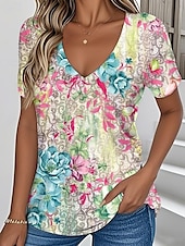 abordables T-shirt floral-Femmes T-shirt Fleuri Graphique Plantes ancien Élégant Classique Manche Courte Col en V Hauts Réguliers Quotidien Imprimé Jaune Rose Claire Vert Été Printemps