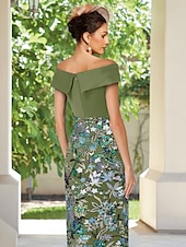 abordables Robes de cocktail-Robes cocktail brodées en colonne bleu vert vintage invitée à un mariage longueur cheville manches courtes épaules dénudées convertible crêpe extensible avec fente