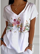 ieftine tricou floral-Pentru femei Cămașă din bumbac Floral Grafic Epocă Tropical Stilat Manșon scurt În V Topuri obișnuite Zilnic Imprimeu Alb Bej Vară Primăvară