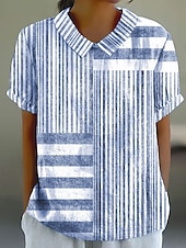 preiswerte Damen Streifen- und geometrische Oberteile-Damen Bluse Grafik Gestreift Vintage Stilvoll Lässig Kurzarm Hemdkragen Normale Oberteile Arbeit Täglich Druck Blau Purpur Grau Sommer Frühling