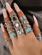 levne Dámské prsteny-Dámská sada prstenů s tyrkysovým vzorem v boho stylu – stohovatelné prsteny z vintage slitiny s akcenty z drahokamů pro westernový styl, festivaly nebo každodenní nošení
