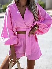 baratos Conjuntos-Mulheres Moda Roupa de rua Camisas de algodão e linho Conjuntos de linho de algodão Conjuntos de shorts Manga Curta Decote em V Profundo Tecido Imprimir Roupa Diária Encontro Rosa Azul Verão Normal