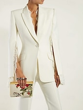 abordables Costumes-pantalons pour maman-Combinaison ivoire  ensemble de pantalon pour mère de la mariée ensemble blazer élégant vintage simple décolleté V col longueur cheville en crêpe à manches longues avec fente et bord scallopé en