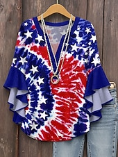 cheap Independence Day Top-Women&#039;s Patriotic  Blouse Layered Ruffle Sleeve Tops Graphic Flag Bohemia Vintage Ethnic 3/4 Length Sleeve V Neck Tops Daily Holiday Vacation Wear Print Red Royal