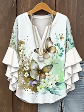 economico Top Floreali-Blusa da Donna con Maniche a Ruffle a Strati Grafica Floreale Farfalla Bohemia Vintage Tropicale Maniche a 3/4 Collo a V Maglietta Regolare Abbigliamento Estivo Primaverile per Vacanze Stampa Gialla