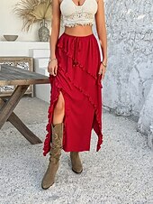 preiswerte Grafische Röcke-Damen Rock A-Linie Mode Lässig Maxi Hohe Taille Röcke Einfach Rüsche Mikroelastisch Urlaub Straße Schwarz Weiß Rote Blau Sommer Polyester