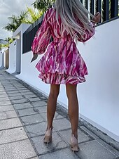 abordables Robes fleuries décontractées-Femmes Mini Robe Robe Décontractée Mode Extérieur Soirée Fête Coupe régulière Graffiti manche longue Col en V Violet Été