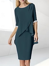preiswerte Teelänge-Strandhochzeit Etuikleid Mutter der Braut Kleid Hochzeitsgast Eleganter Juwelenausschnitt Teelänge Chiffon halblangärmelig mit Perlen-Raffung