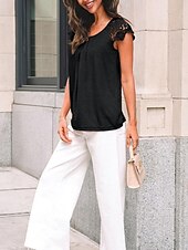billiga Enkel t-shirt-Damernas T-shirt Enfärgad Plain Mode Stilig Klassisk Korta Ärmar Rund Halsringning Regelbundna Toppar Daglig Helg Spets Lappar Svart Blå Grön Khaki Sommar
