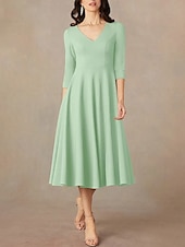 economico Lunghezza del tè-Abito A-Line madre della sposa ospite matrimonio elegante minimalista scollatura a V lunghezza tè in raso italiano manica a tre quarti con drappeggio