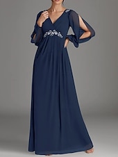 cheap Floor Length-A-Line Mother of the Bride Dress Wedding Guest Elegant V Neck Floor Length Chiffon Long Sleeve with Beading Appliques Ruching