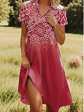 preiswerte Blumenkleid-Damen Midikleid A Linie Kleid Sommerkleid Urlaub Lässig Strand Date Sommerkleid Normale Passform Blumen Grafik Kurzarm Revers Rosa Rote Blau Fuchsie Sommer