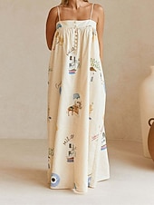 ieftine rochii imprimate din bumbac si in-Pentru femei Rochie Lunga Rochie Maxi Rochii de in bumbac Rochie casual Modă În aer liber Petrecere Concediu Fit regulat Vopsire Fără manșon Bretele Spagheti Bej Vară