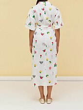 abordables concevoir des robes en coton et lin-Femmes Robe Longue Maxi Robe Robes en coton et lin Robe Décontractée Mode Extérieur Soirée Fête Coupe régulière Fleur Manche Courte Col de chemise Blanche Été