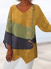cheap Tunic Tops-Women&#039;s Tunic Shirt Blouse Basic Color Block Print Long Sleeve Long Tops V Neck Casual Red Spring Fall