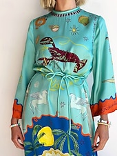 preiswerte bedruckte Kleider aus Baumwolle und Leinen-Damen Langes Kleid Maxikleid Baumwoll-Leinen-Kleider Freizeitkleid Mode Outdoor Party Ferien Normale Passform Landschaft Langarm Rundhalsausschnitt Blau Sommer