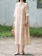 ieftine Rochii-Pentru femei Rochii Midi Rochie din in bumbac Rochie florala Modă Modern Vacanță Zilnic Concediu Fit regulat Floare Manșon Jumate Guler de stand Roz Îmbujorat Albastru piscină Trifoi Caisă Vară