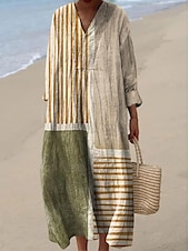 economico Abiti a Strisce e Geometrici-Per donna Abito Midi Vestito Estivo Abito a trapezio Vacanza Casual Boho Uscire Spiaggia Vestibilità comoda Grafico Manica Lunga Scollo a V Nero Blu Arancione Cachi Estate Primavera