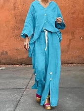 abordables Ensembles-Femmes Actif Basique Ensembles en coton et lin manche longue Col en V Couleur Unie Décontracté Quotidien Noir Blanche Jaune Été Coupe régulière
