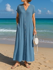 tanie Białe Sukienki Codzienne-Damskie Sukienka maxi Sukienka letnia Sukienka A line Codzienny Boho Styl plażowy Codzienny Regularny Czyste kolory Krótki rękaw W serek Biały Niebieski Żółtobrązowy Fioletowy Lato