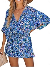 billige Kunst og design jumpsuit-Dame Normal Sparkedrakter Aktiv Geometrisk 3/4 ermer V-hals Trykt mønster Feriereise Daglig Normal Rosa Blå Lilla Sommer