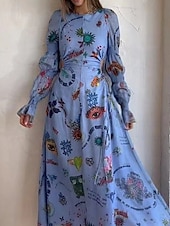 preiswerte bedruckte Kleider aus Baumwolle und Leinen-Damen Langes Kleid Maxikleid Baumwoll-Leinen-Kleider Freizeitkleid Mode Outdoor Party Ferien Normale Passform Bemalt Langarm Rundhalsausschnitt Blau Sommer