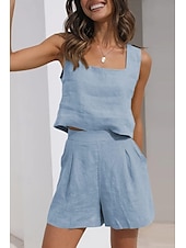 abordables Ensembles-Femmes Actif Basique Ensembles en coton et lin Sans manches Col carré Couleur Unie Décontracté Quotidien Noir Rose Claire Vert Véronèse Été Coupe régulière