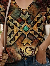 billige Boho t-skjorte-Dame T skjorte Grafisk Geometrisk Årgang Stilfull Klassisk Kortermet V-hals Vanlige topper Daglig Trykt mønster Rød Blå Lilla Oransje Grønn Sommer Vår