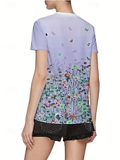 abordables T-shirt floral-Femmes T-shirt Hauts d&#039;été Fleuri Papillon Classique Occasionnel Manche Courte Col ras du cou Hauts courts Quotidien Week-end Imprimé Jaune Vert Claire Violet Été Printemps Automne