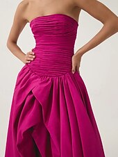 preiswerte Abendkleider-Pinkes A-Linien-Abendkleid, Bubble-Kleid, formelles, halbformelles Hochzeitskleid, bodenlang, ärmellos, trägerlos, Taft mit gerüschtem Schlitz, 2025