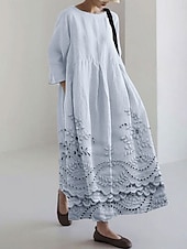 preiswerte Blumenkleid-Damen Maxikleid Sommerkleid A Linie Kleid Urlaub Lässig Strand Täglich Ferien Ausgehen Lässiger Schnitt Blumen Grafik Langarm Rundhalsausschnitt U-Boot-Ausschnitt Weiß Rosa Blau Sommer Frühling