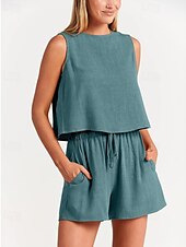 cheap Sets-Women&#039;s Active Basic Cotton Linen Sets Blouse Shorts Sets Sleeveless Crew Neck Solid Color Drawstring Going out Weekend Black Blue Orange Summer Regular Fit