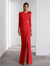 cheap GREEN-A-Line Evening Gown Elegant Dress Formal Wedding Floor Length Long Sleeve Crew Neck Detachable Stretch Crepe with Shouder Flower