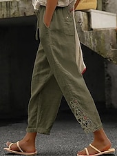 abordables Pantalon uni en coton et lin-Femmes Pantalon texturé en polycoton et lin Pantacourt Mode Streetwear Confort Longueur cheville Taille Moyenne Uni Dentelle Confortable Rue Tenue quotidienne Sortir Noir Blanche Bleu Vert Été Coupe