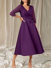 cheap Tea Length-A-Line Mother of the Bride Dress Wedding Guest Elegant Sweet V Neck Tea Length Satin Half Sleeve with Sash / Ribbon Beading Ruching 2025