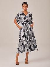 economico Abiti floreali-nero  &amp;abito midi con scollo a V e pois astratti bianchi