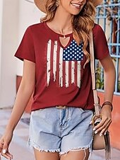 voordelige Onafhankelijkheidsdag Top-Vrouwen Blouse Vlag Stijlvol Casual Korte Mouw Crewneck Regelmatige Tops Dagelijks Print Zwart Rood Marineblauw Zomer