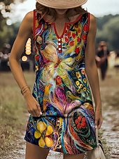 preiswerte Kunst &amp; Design Kleider-Damen Minikleid Sommerkleid Shiftkleid Schulterfreies Kleid Urlaub Lässig Outdoor Ausgehen Strand Normale Passform Blumen Grafik Tiermotiv Ärmellos V Ausschnitt Gelb Rote Königliches Blau Blau Sommer