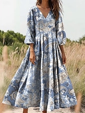 abordables Robes Boho-Femmes Robe maxi Robe d&#039;Été Robe trapèze Robe Plissée Vacances Occasionnel Boho Sortir Coupe Ample Fleuri Graphique Manche 3/4 Col en V Rose Claire Bleu Vert