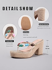 billige Ferietøfler-dameflip-flops med platåpynt og kileform – fargerike bohemske sandaler med espadrillesåle for strandferie, bassengfest og sommerferieanlegg