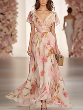cheap Floral Dress-Women&#039;s Maxi Dress A Line Dress Casual Outdoor Going out Regular Fit Floral Graphic Short Sleeve V Neck Pink Summer